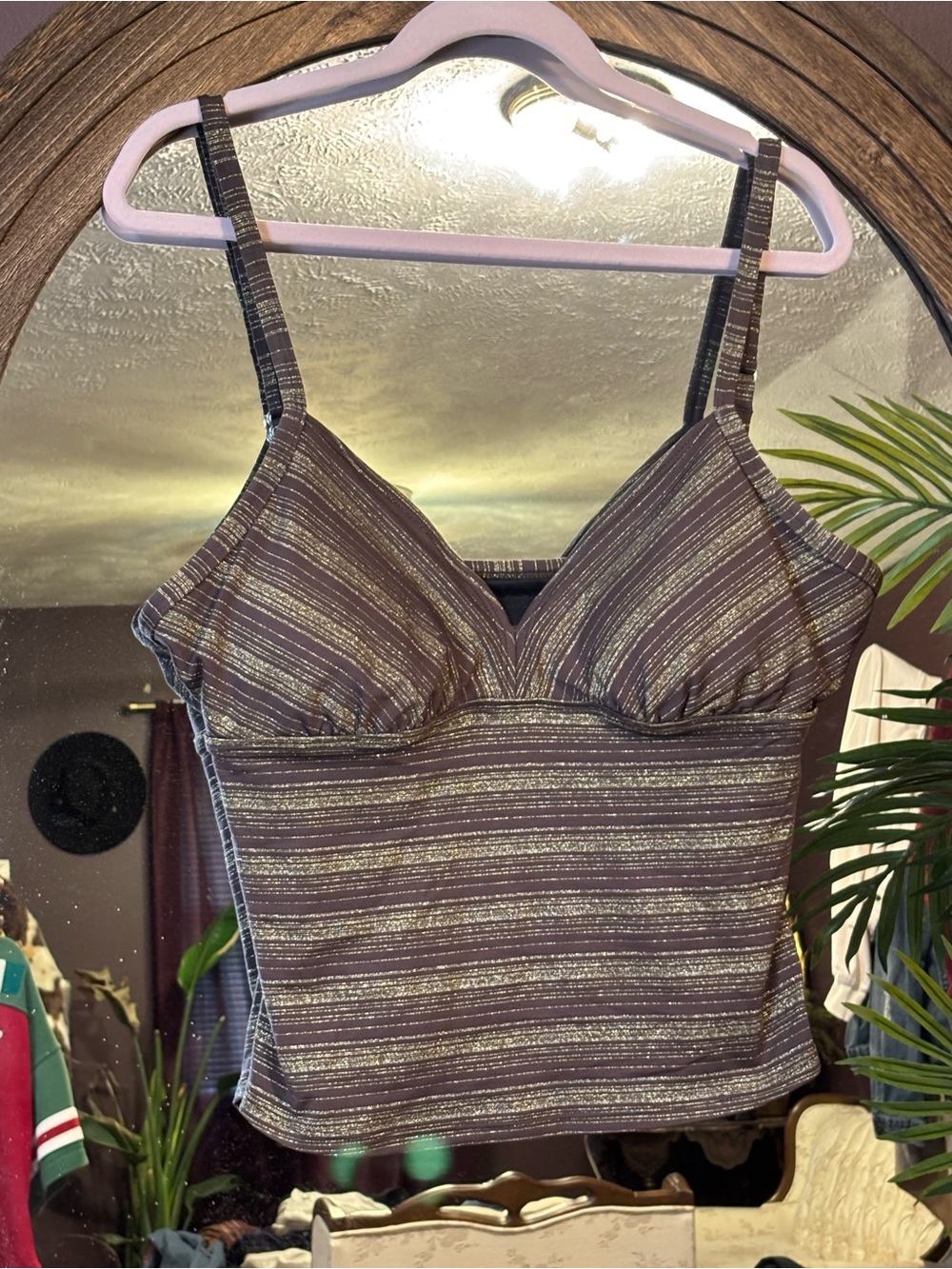 Striped Metallic Accent Cami Tank Top - Brown